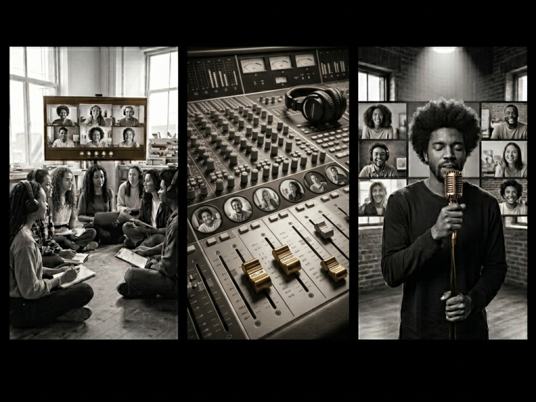 Trois scènes : un groupe en discussion, une table de mixage, un chanteur avec un micro.